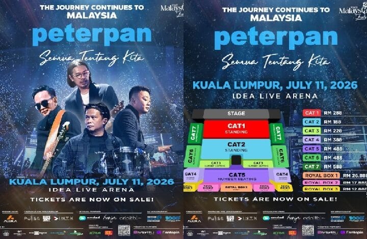 Concert poster for Peterpan in Kuala Lumpur, July 11, 2026 at IDEA Live Arena, with seating chart inset.