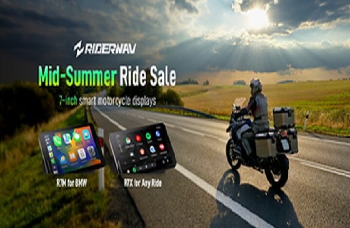 Promotional banner for RiderNav’s Mid-Summer Ride Sale, highlighting 7-inch smart motorcycle displays with a rider on a highway at sunset and device screenshots.