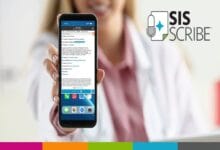 sis scribe - Wilayah.com.my Medical professional in a white coat holding a smartphone showing a medical notes app, with SISSCRIBE logo in the background