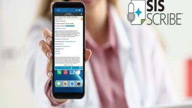 sis scribe - Wilayah.com.my Medical professional in a white coat holding a smartphone showing a medical notes app, with SISSCRIBE logo in the background