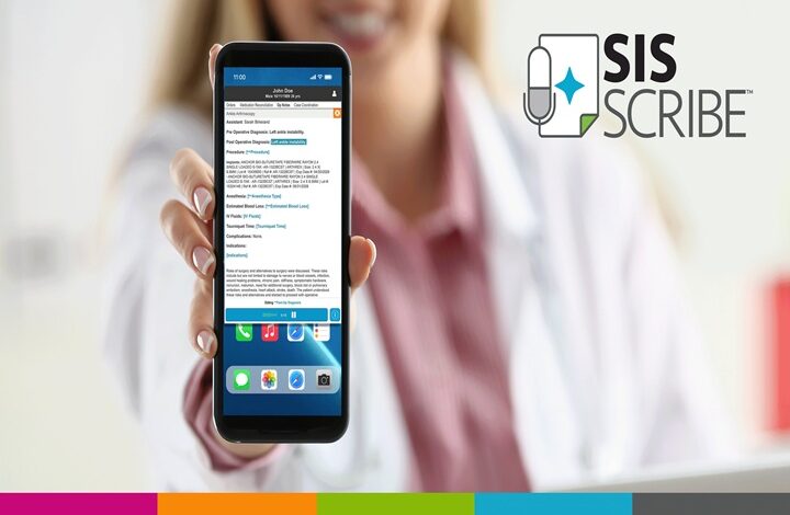 Medical professional in a white coat holding a smartphone showing a medical notes app, with SISSCRIBE logo in the background