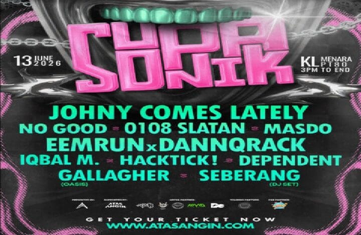 supa sonik - Wilayah.com.my Poster for a neon-themed club night on June 13, 2026, with a pink, bold title and turquoise artist lineup; tickets at atasangin.com.