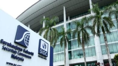 Modern glass-fronted office building with tall palm trees in front and signage for Securities Commission Malaysia.