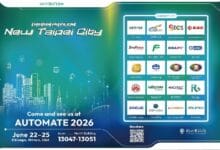 Invitation banner for Automate 2026 with New Taipei City branding, teal cityscape, and a right-side grid of sponsor logos.