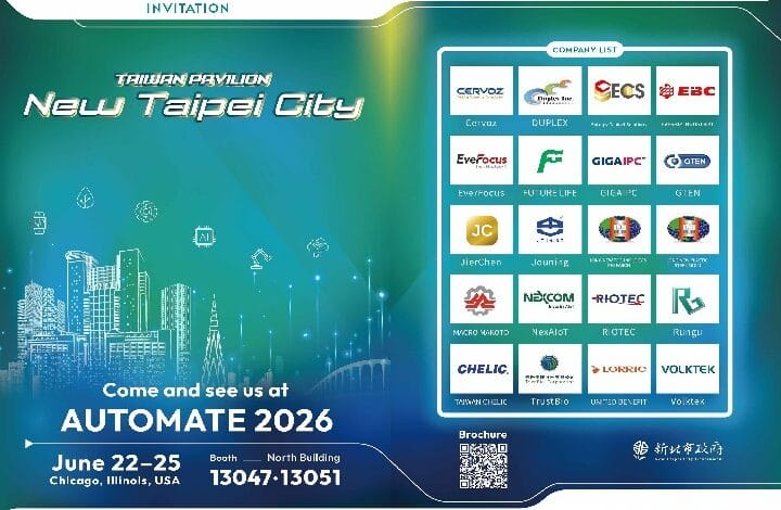 Invitation banner for Automate 2026 with New Taipei City branding, teal cityscape, and a right-side grid of sponsor logos.