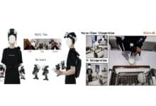 x square 2 - Wilayah.com.my Two people in dark shirts wear VR headsets and handheld controllers, illustrating a VR teleoperation setup with various hardware components and view panels (Left/Top/Right).