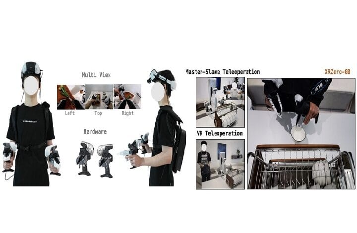 x square 2 - Wilayah.com.my Two people in dark shirts wear VR headsets and handheld controllers, illustrating a VR teleoperation setup with various hardware components and view panels (Left/Top/Right).