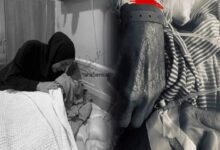Split view: left shows a woman in a black hijab tending to a patient in bed; right is a close-up of a hand with a medical wristband and striped clothing nearby.