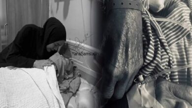 Split view: left shows a woman in a black hijab tending to a patient in bed; right is a close-up of a hand with a medical wristband and striped clothing nearby.