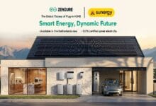 Solar-powered home with a large rooftop solar array and a parked electric car under a shaded carport, marketing banner reads 'Smart Energy, Dynamic Future'.