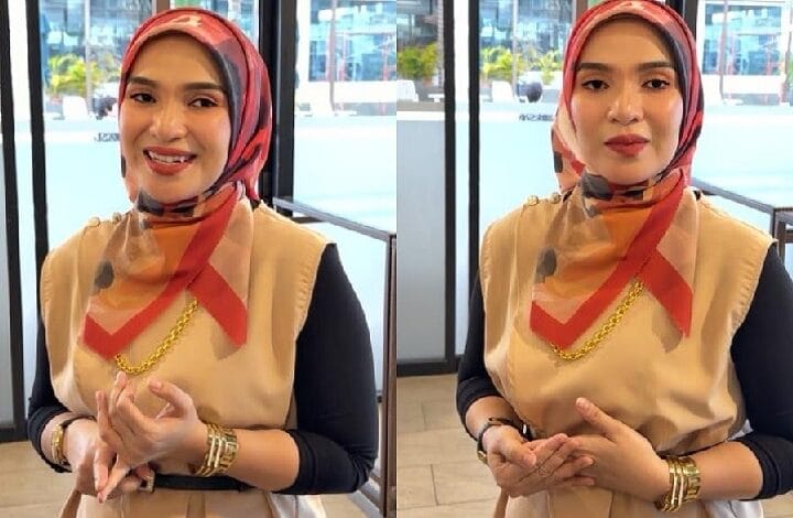 Two side-by-side portraits of a woman wearing a red and beige hijab and beige top with gold jewelry, smiling on the left and neutral on the right in a bright indoor setting on a glass-walled backdrop.