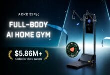 aeke s1 - Wilayah.com.my Promo banner for AEKE S1Pro full-body AI home gym; a standing exercise machine on the right, large glowing text, and a '$5.86M+ funded by 1800+ backers' line with a Kickstarter badge on the left.
