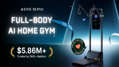 aeke s1 - Wilayah.com.my Promo banner for AEKE S1Pro full-body AI home gym; a standing exercise machine on the right, large glowing text, and a '$5.86M+ funded by 1800+ backers' line with a Kickstarter badge on the left.