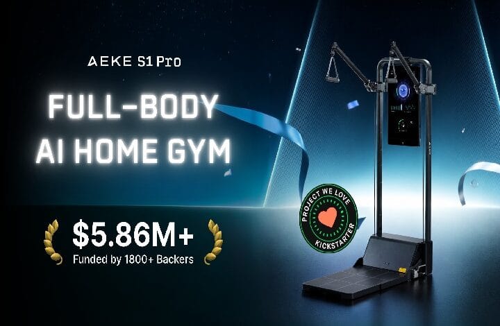 aeke s1 - Wilayah.com.my Promo banner for AEKE S1Pro full-body AI home gym; a standing exercise machine on the right, large glowing text, and a '$5.86M+ funded by 1800+ backers' line with a Kickstarter badge on the left.