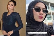 bella hanna - Wilayah.com.my Split image: left woman in a navy lace dress posing indoors; right woman wearing a black hijab and sunglasses outdoors.
