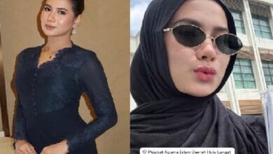 bella hanna - Wilayah.com.my Split image: left woman in a navy lace dress posing indoors; right woman wearing a black hijab and sunglasses outdoors.