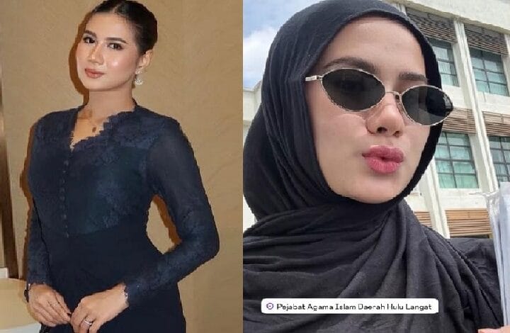 Split image: left woman in a navy lace dress posing indoors; right woman wearing a black hijab and sunglasses outdoors.