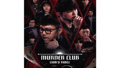 Movie poster for Murder Club: Lords Table featuring multiple characters with a dark red geometric background; Disney+ July 29 premiere date.