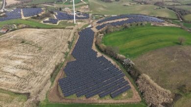 enfinity - Wilayah.com.my Aerial view of a solar farm with rows of panels on rolling hills and a wind turbine in the background.