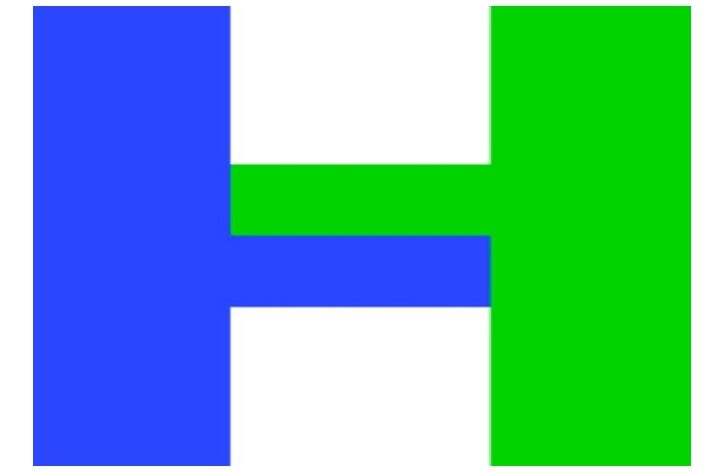 halfprice 2 - Wilayah.com.my Abstract geometric composition: a blue vertical bar on the left and a green vertical bar on the right, connected by a blue horizontal bar forming an 'H' shape.