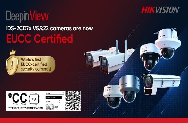 hikvision - Wilayah.com.my Hikvision DeepinView cameras with EUCC Certified badge and certification seal, advertising secure surveillance equipment.