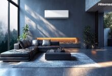 hisense - Wilayah.com.my Modern living room with a wall-mounted Hisense air conditioner, dark blue walls, and a black leather sectional sofa.