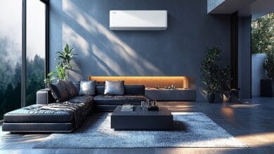 hisense - Wilayah.com.my Modern living room with a wall-mounted Hisense air conditioner, dark blue walls, and a black leather sectional sofa.