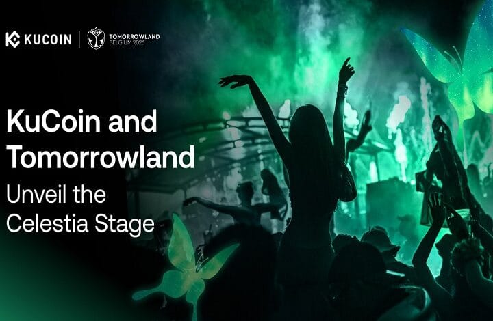 Banner announcing KuCoin and Tomorrowland unveiling the Celestia Stage, with a silhouetted crowd against a green-lit concert scene.