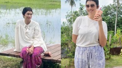 Side-by-side photo of a woman in a white top and colorful pants: left, seated on a wooden dock beside a flooded field; right, standing with sunglasses holding a pink drink in a tropical setting with palm trees.