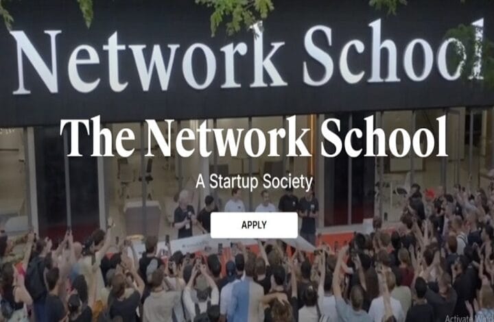 network school - Wilayah.com.my Crowd gathered in front of a building with the headline 'The Network School', a subtitle 'A Startup Society', and a visible 'APPLY' button on a startup-ecosystem landing page.