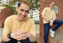 raja afiq 2 - Wilayah.com.my Young man in a pale yellow shirt smiling with hands clasped, in a park-like setting (left panel).