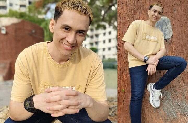 raja afiq 2 - Wilayah.com.my Young man in a pale yellow shirt smiling with hands clasped, in a park-like setting (left panel).