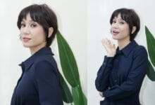 ramona zam zam - Wilayah.com.my Two-panel portrait of a woman with short black hair in a navy blouse, standing beside a large green plant.