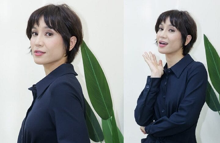 ramona zam zam - Wilayah.com.my Two-panel portrait of a woman with short black hair in a navy blouse, standing beside a large green plant.