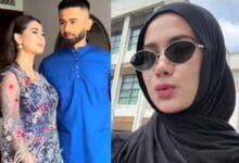 redza rosli - Wilayah.com.my A woman in a floral dress and a man in a blue kurta gaze at each other indoors, forming a collage with a second photo of a hijab-wearing woman in sunglasses outdoors.