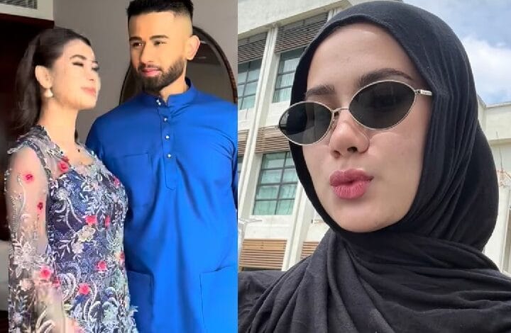 redza rosli - Wilayah.com.my A woman in a floral dress and a man in a blue kurta gaze at each other indoors, forming a collage with a second photo of a hijab-wearing woman in sunglasses outdoors.
