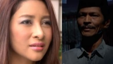 Split-screen portrait: woman with long brown hair on the left and a man wearing a dark hat on the right, outdoors in dim light.