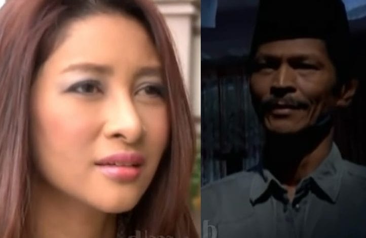 Split-screen portrait: woman with long brown hair on the left and a man wearing a dark hat on the right, outdoors in dim light.
