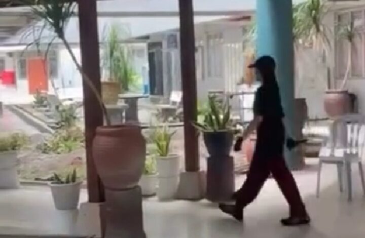 suspek tikam - Wilayah.com.my Person walking through a covered outdoor walkway lined with potted plants and tables.