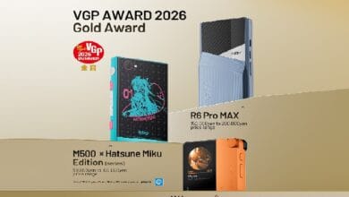 VGP Award 2026 Gold Award collage featuring HiBy devices: M500 Hatsune Miku Edition, R6 Pro MAX, and W4 wireless headphone amplifier.
