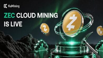 Promo banner: 'ZEC CLOUD MINING IS LIVE' with KuMining logo and glowing mining rig imagery of cryptocurrency coins.