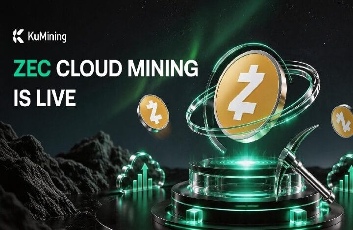Promo banner: 'ZEC CLOUD MINING IS LIVE' with KuMining logo and glowing mining rig imagery of cryptocurrency coins.